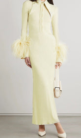 YELLOW LONG SLEEVE STAND COLLAR FEATHER MAXI DRESS