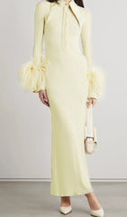 YELLOW LONG SLEEVE STAND COLLAR FEATHER MAXI DRESS
