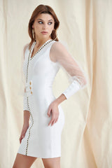 WHITE YARN SLEEVE BANDAGE MINI DRESS