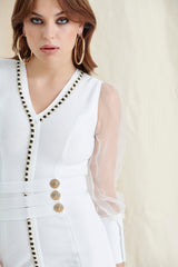 WHITE YARN SLEEVE BANDAGE MINI DRESS