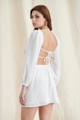 WHITE PUFF SLEEVE LACE UP MINI DRESS