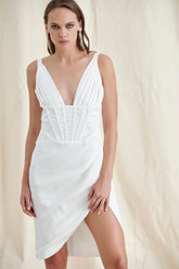 WHITE SATIN CORSET MIDI DRESS