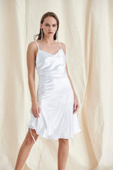WHITE SATIN RUCHED MIDI DRESS