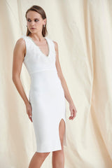 WHITE FEATHER PLUNGE MIDI DRESS