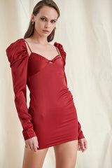 WINE PUFF SLEEVE MINI DRESS