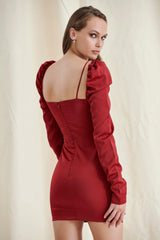 WINE PUFF SLEEVE MINI DRESS