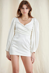 WHITE PLUNGE PUFF SLEEVE MNI DRESS