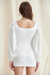 WHITE PLUNGE PUFF SLEEVE MNI DRESS
