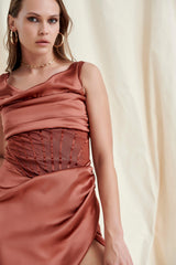 TOFFEE RUCHED MIDI DRESS