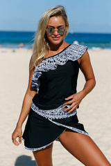 Tribal Geometry Ruffle One Shoulder Tankini Swimsuit With Skirts