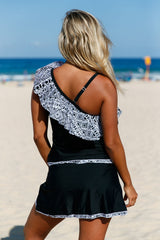 Tribal Geometry Ruffle One Shoulder Tankini Swimsuit With Skirts