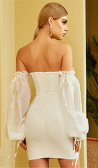 WHITE LLACE SLEEVE STITCHING BANDAGE DRESS