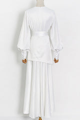 White Deep V Lantern Long Sleeve A-Line Dress