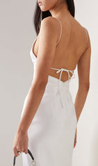 WHITE STRAPPY V NECK BUTTON MIDI DRESS
