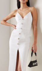 WHITE STRAPPY V NECK BUTTON MIDI DRESS