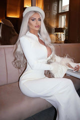 YELLOW LONG SLEEVE STAND COLLAR FEATHER MAXI DRESS