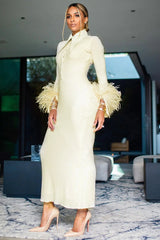 YELLOW LONG SLEEVE STAND COLLAR FEATHER MAXI DRESS