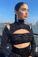 Zebra Striped Turtle neck Hollow Out Long Sleeves Dress