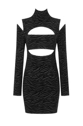 Zebra Striped Turtle neck Hollow Out Long Sleeves Dress