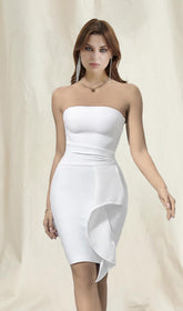 WHITE STRAPLESS FRILL MINI BANDAGE DRESS