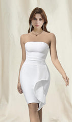 WHITE STRAPLESS FRILL MINI BANDAGE DRESS