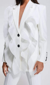 WHITE V NECK RUFFLE BLAZER