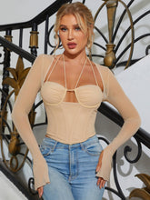 Tie Back Split Cuff Ruched Mesh Top