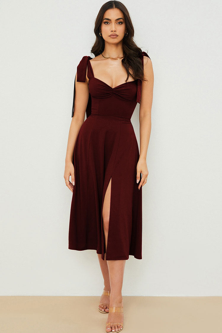 Tie Strap Fit & Flare High Slit Slip Midi Dress - Dark Wine – Baly Shop