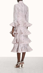 TIERED FLORAL-EMBROIDERED LACE MIDI DRESS