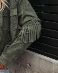 Tuck Fringe Faux Suede Jacket - Dusty Teal