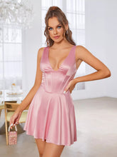 V Neck Boning Corset Satin Dress