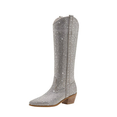 Women's Cowboy Rhinestone Boots Knee High Sparkly Prom Shoes