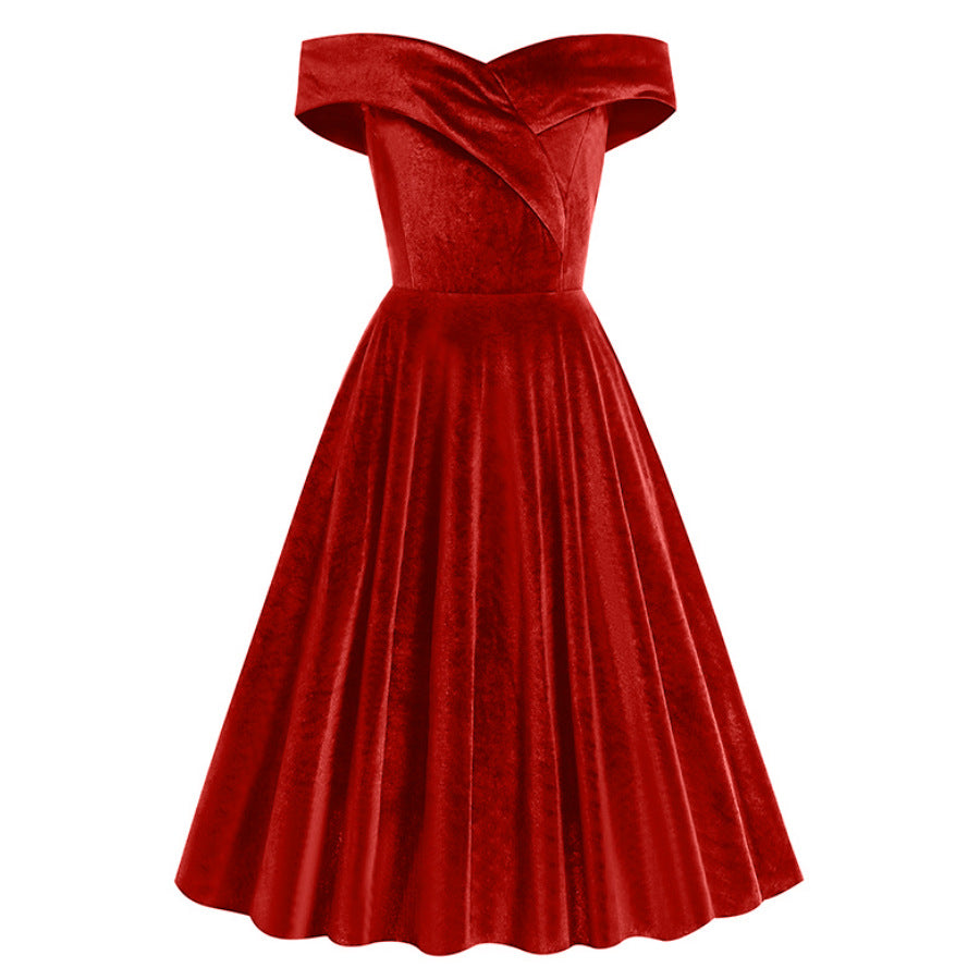 Weihnachtsgrünes schulterfreies Vintage-Ballkleid aus Samt