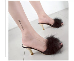 Women's Feather High Heels Peep Toe Fur Slippers Pumps Slides