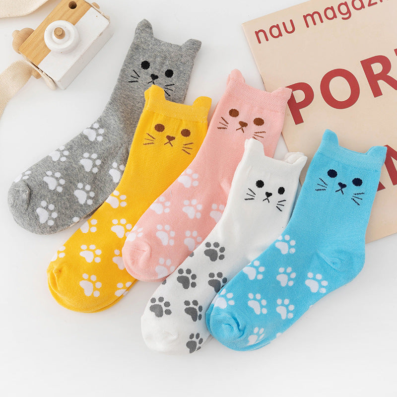 5 Pairs Cute Pussycat Footprint Animal Socks for Women, Funny Cat Socks