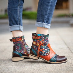 Women's Printed Leather Jacquard Ankle Boots Zipper Non-slip Low Boots