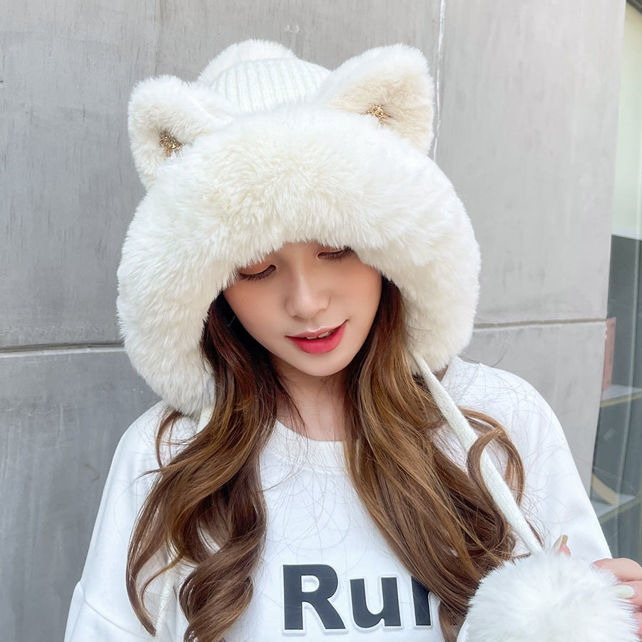 Cute Faux Fur Knit Beanie Sequins Cat Ear Hat