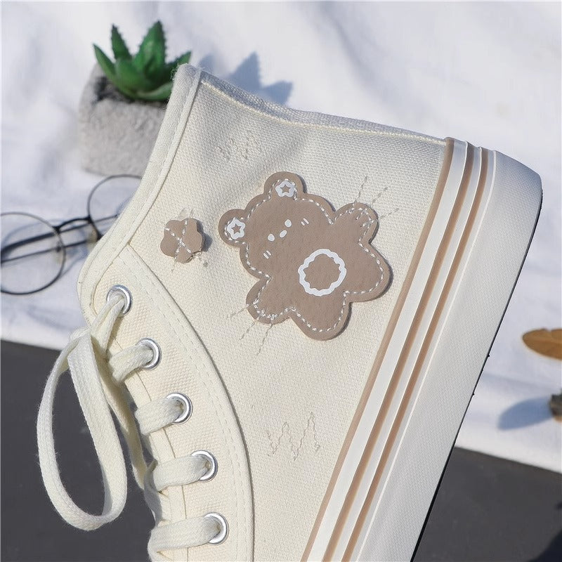 Women's Cute Bear Canvas High top Sneakers Lace up Tennis Shoes