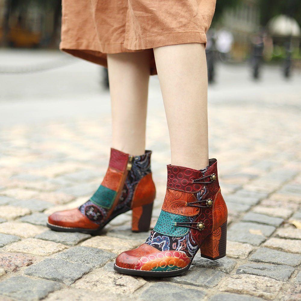 Women's Ankle Booties Genuine Leather Zipper Retro Pattern Boots