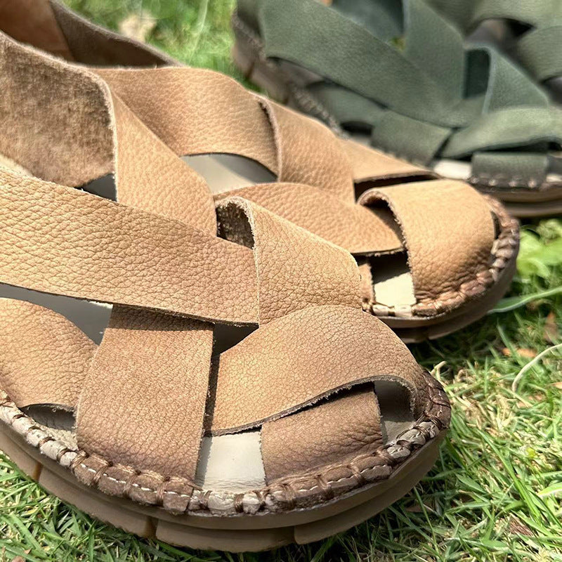 Summer Genuine Leather Soft Vintage Hand-woven Women's sandals