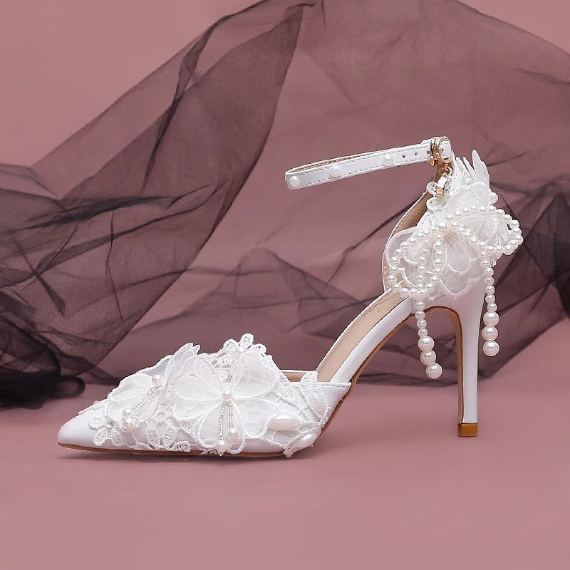 Elegant Pearl Lace Flower Wedding Shoes High Heels