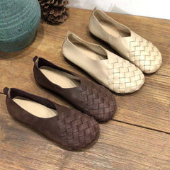 Genuine Leather Retro Round Toe Flat Soft Cowhide Woven Women's Shoes