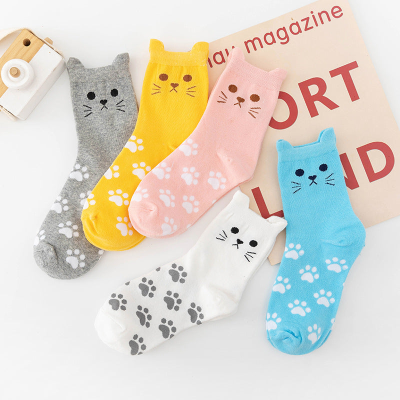 5 Pairs Cute Pussycat Footprint Animal Socks for Women, Funny Cat Socks