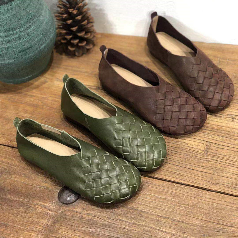 Genuine Leather Retro Round Toe Flat Soft Cowhide Woven Women's Shoes