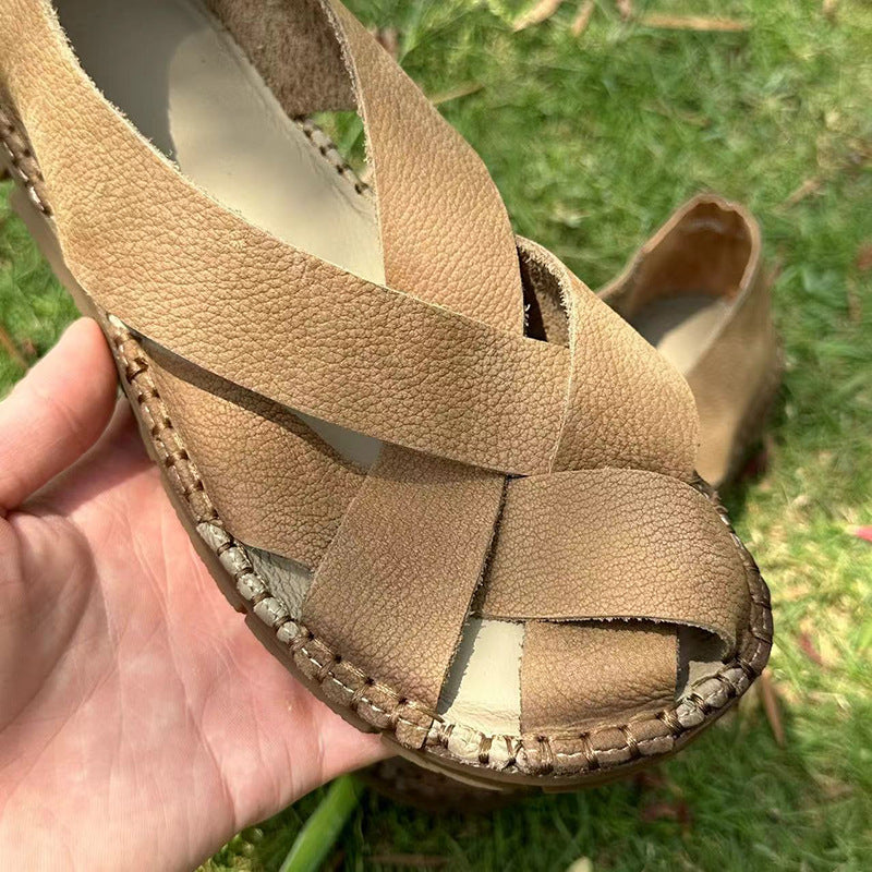 Summer Genuine Leather Soft Vintage Hand-woven Women's sandals