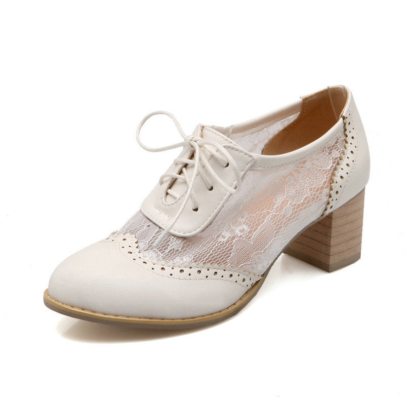 Lace-up Chunky Heel Elegant Vintage Lace Splicing Heels Wedding Shoes