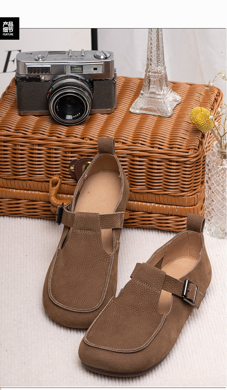 Handmade Soft Leather Mary Jane Shoes Buckle Decor Flat Loafers