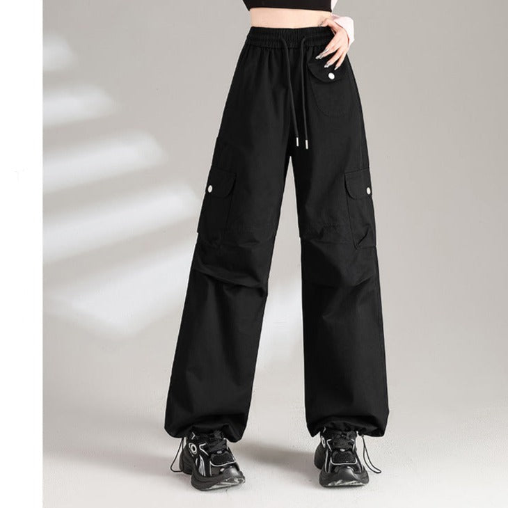 Cotton Drawstring Waist Wide Leg Cargo Pants