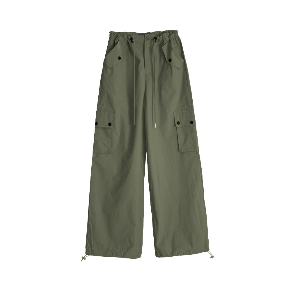 Spring Summer Drawstring High Waist Wide Leg Loose Multi-pockets Pant