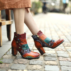 Women's Ankle Booties Genuine Leather Zipper Retro Pattern Boots